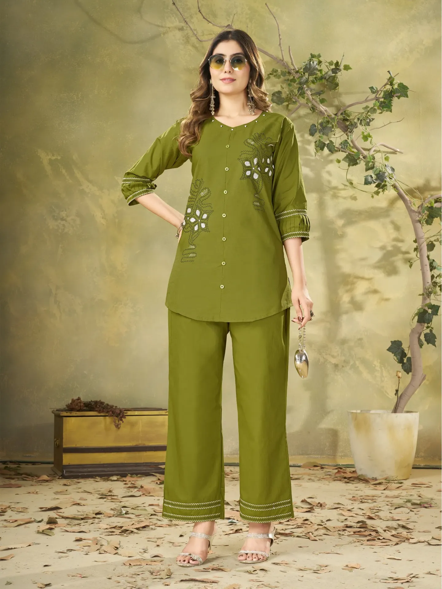 Premium Pure Cotton Co-Ord Set with Multi-Color Thread Embroidery, Matching Straight-Cut Trousers 2-Piece Designer Contemporary Set