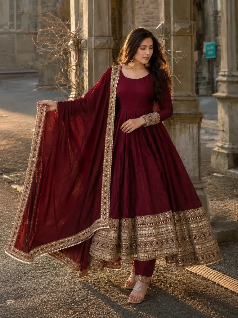 Premium Fandy Crush Fully Flared Anarkali with Sequins Embroidery and Coordinated Embroidered Dupatta