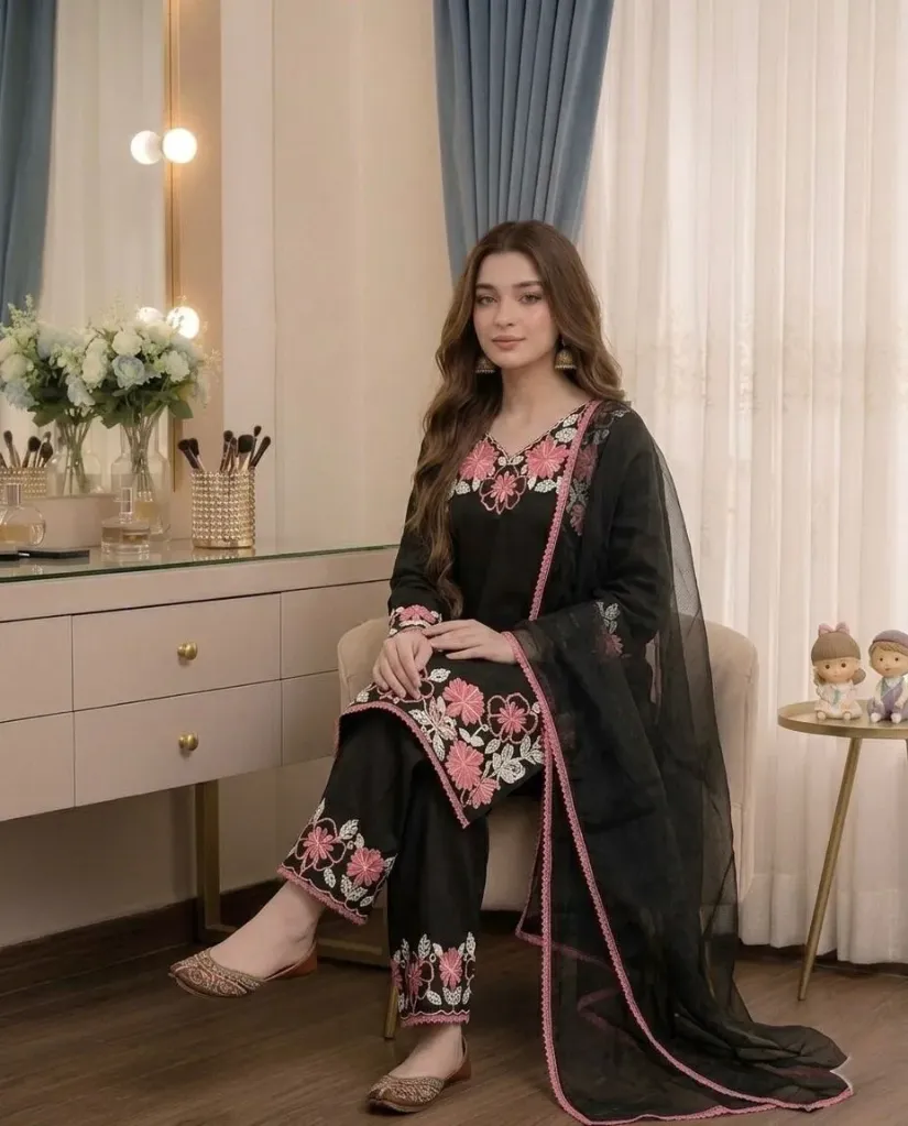 Pure Satin Rayon Embroidered Tunic & Farshi Palazzo Suit Set with Kota Check Dupatta