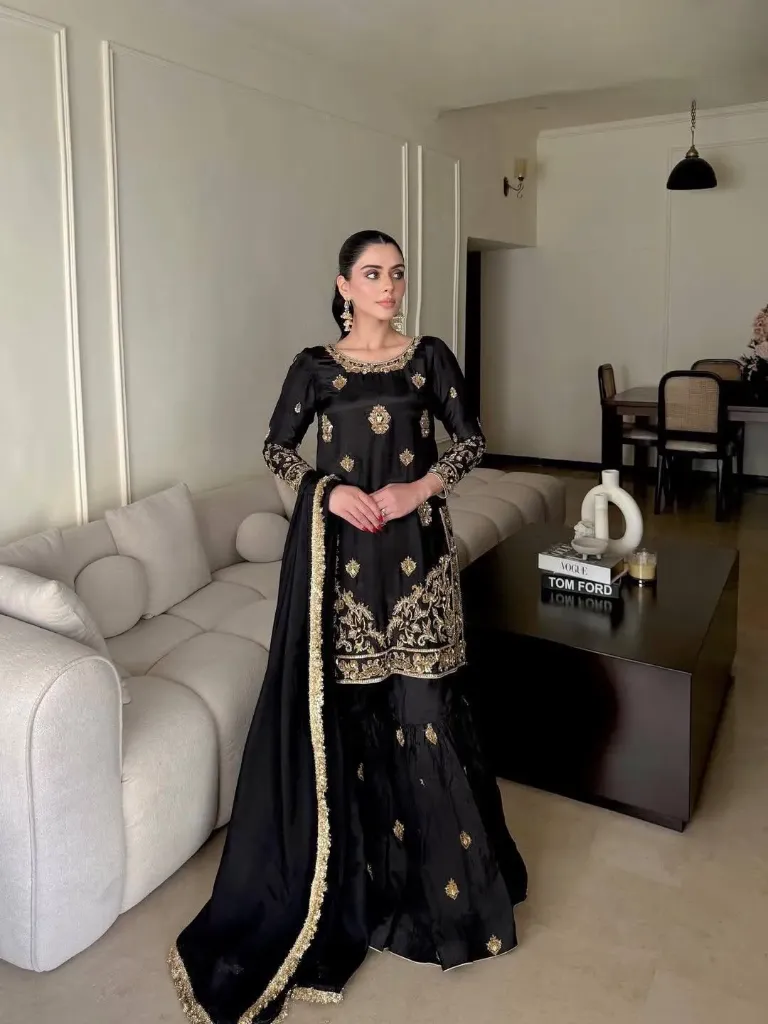 Chinon Silk Sequins & Zari Embroidered Kurti & Sharara Suit Set with Lace Border Dupatta (M)