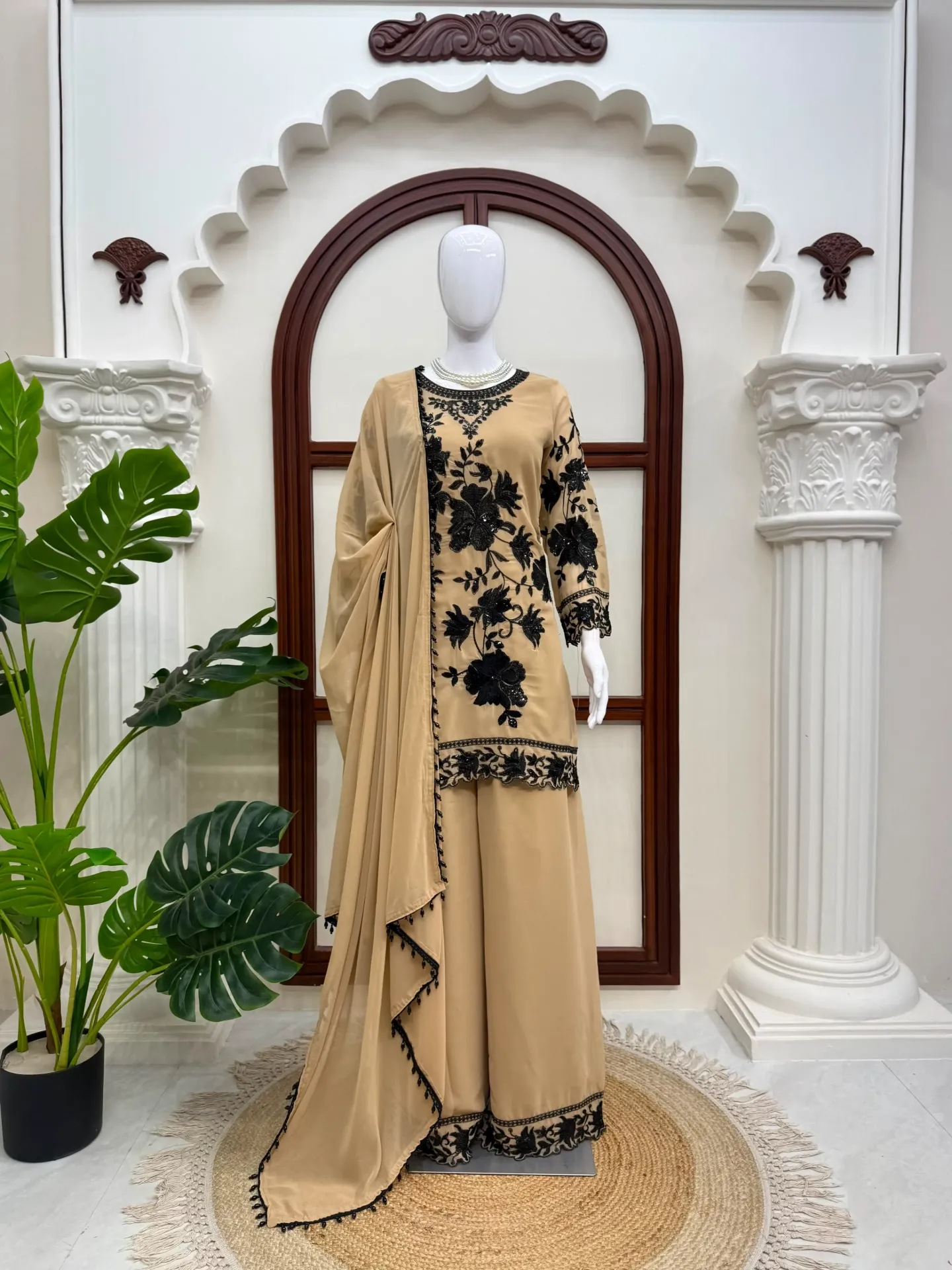 Faux Georgette Sequence & Thread Embroidered Tunic & Palazzo Set with Cutwork Border