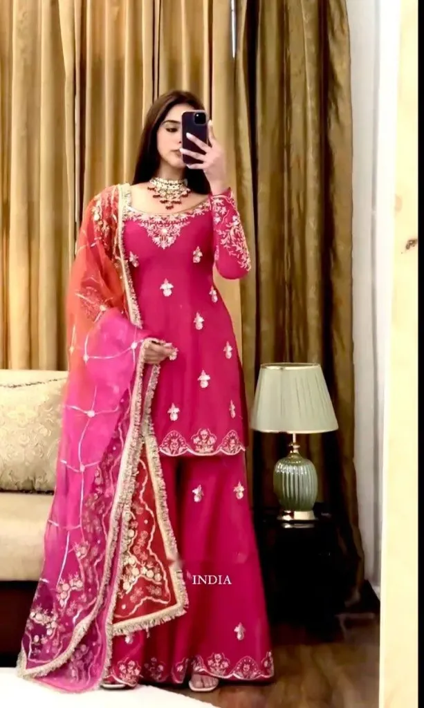 Pure Chinon Silk 5mm Sequins Embroidered Tunic & Sharara Set with Digitally Printed Organza Dupatta