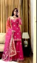 Pure Chinon Silk 5mm Sequins Embroidered Tunic & Sharara Set with Digitally Printed Organza Dupatta