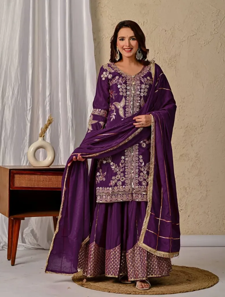 Heavy Chinon Silk 5mm Coding Sequins Embroidered Tunic & Sharara Suit Set (M)