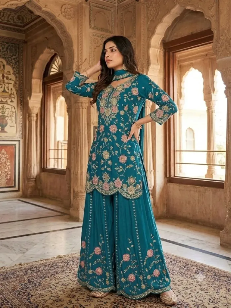 Pure Chinon Silk Sequence & Thread Embroidered Kurti & Flared Palazzo Suit Set (M)