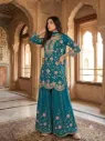 Pure Chinon Silk Sequence & Thread Embroidered Kurti & Flared Palazzo Suit Set