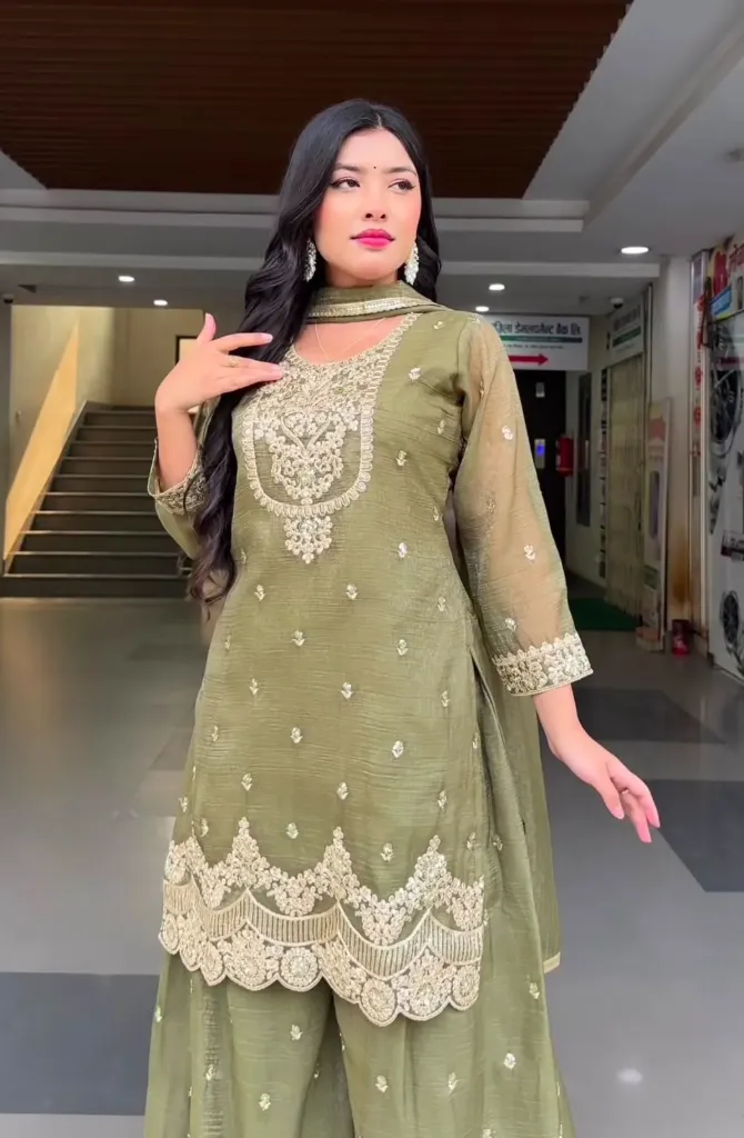 Heavy Crunchy Silk 5mm Sequins Embroidered Short Tunic & Sharara Palazzo Suit Set