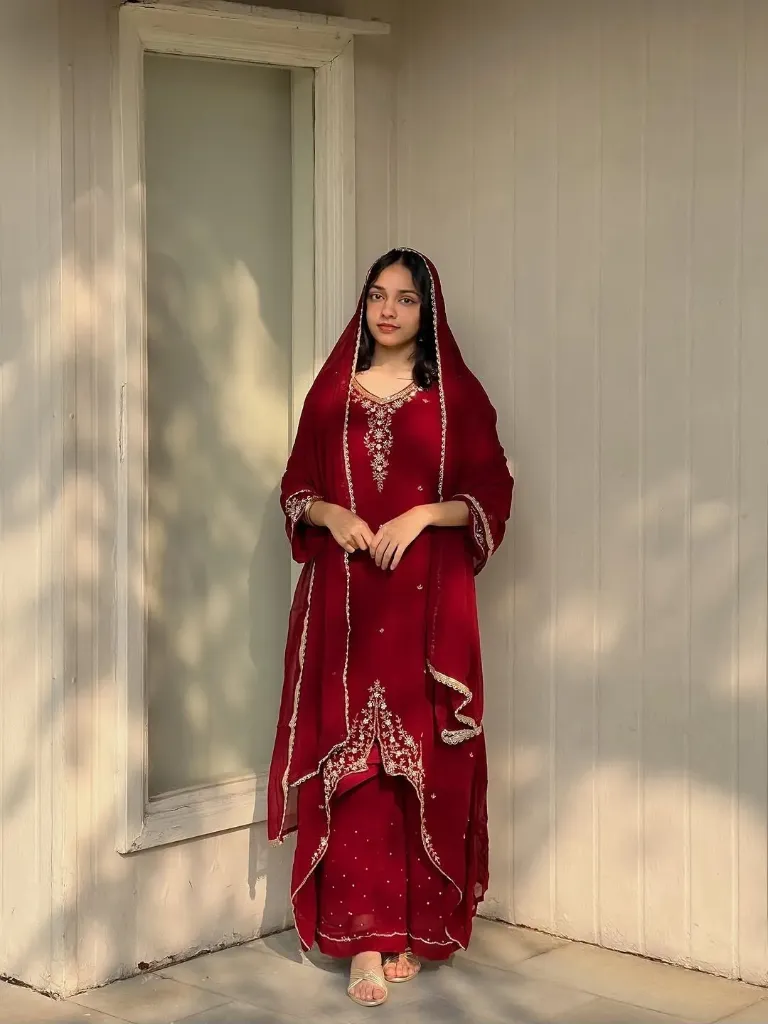 Heavy Fox Georgette Embroidered Long Tunic & Moti Work Palazzo Set with Lace Border Dupatta
