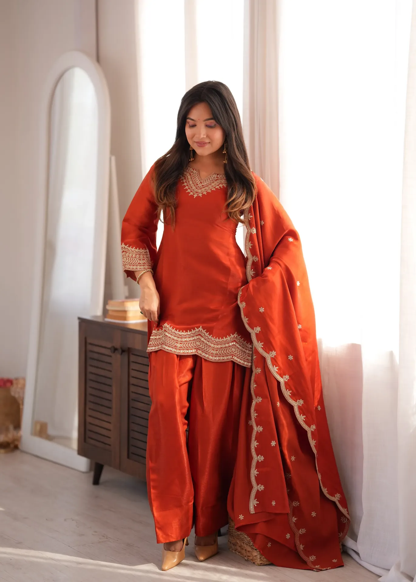 Glass Roman Silk Embroidered Tunic & Farshi Shalwar Set with Shawl-Style Dupatta