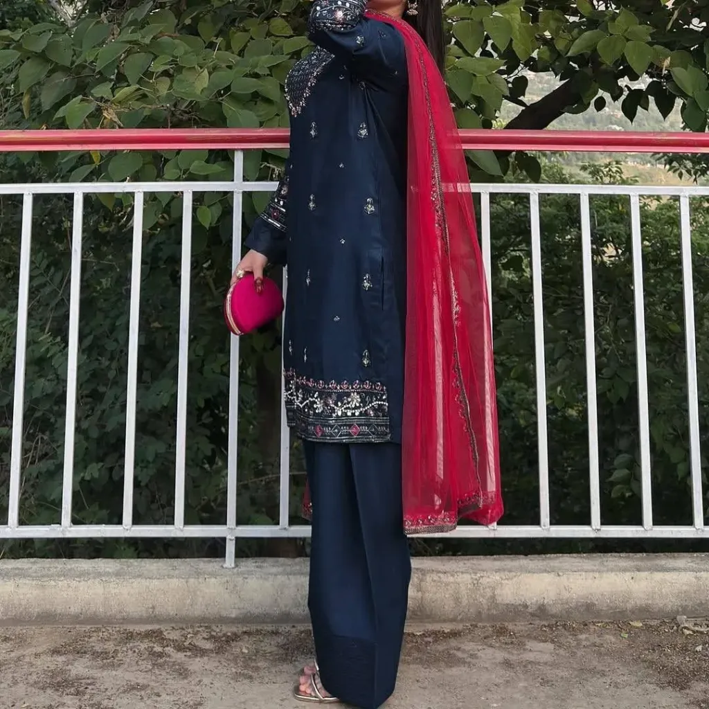 French Crepe Silk Zari & Sequins Embroidered Long Kurti & Farshi Palazzo Suit Set with Soft Net Dupatta