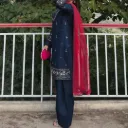 French Crepe Silk Zari & Sequins Embroidered Long Kurti & Farshi Palazzo Suit Set with Soft Net Dupatta