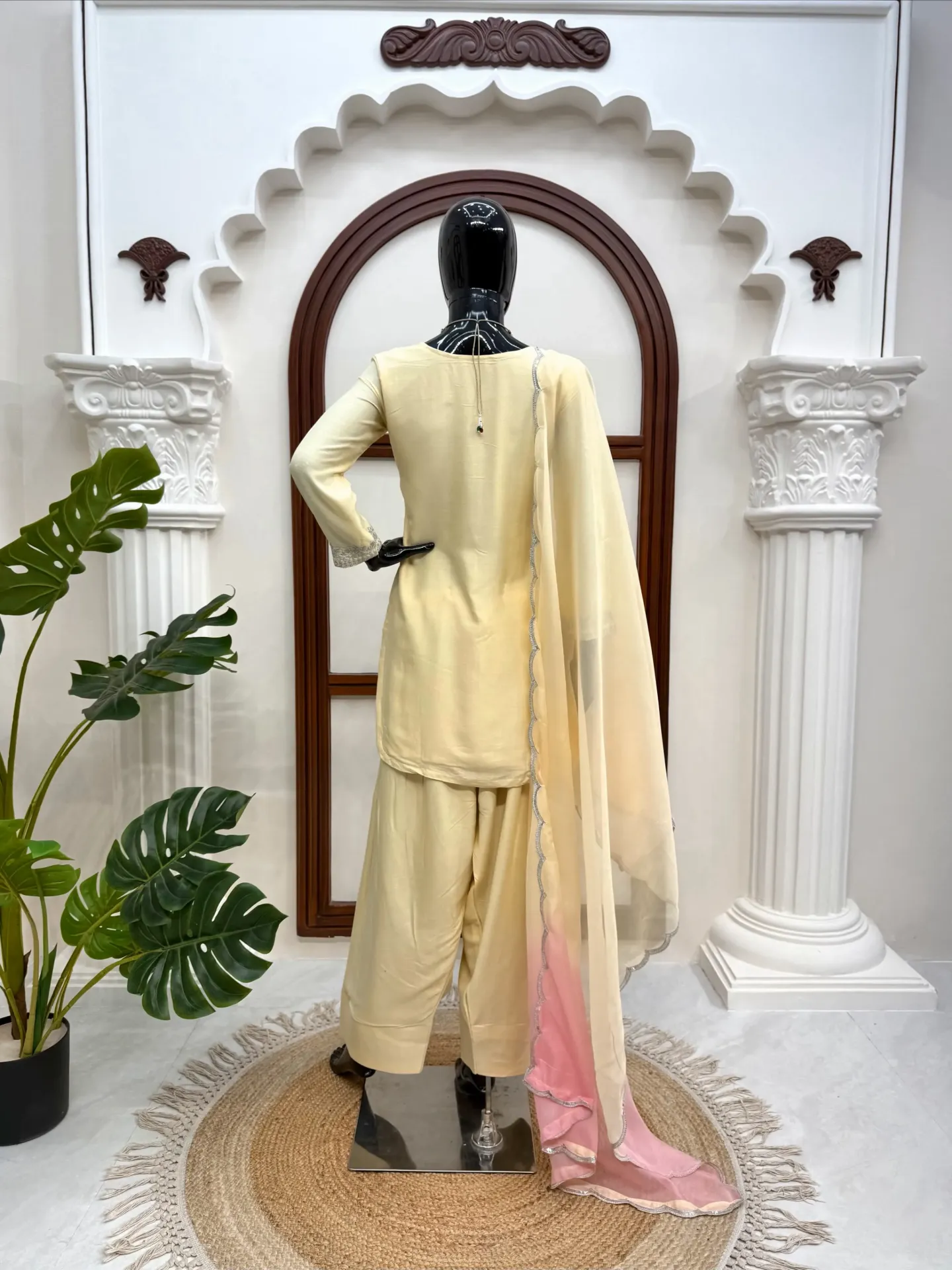 Heavy Rayon Thread & Sequins Embroidered Short Kurti & Plain Farshi Palazzo Set with Shaded Tibby Silk Dupatta