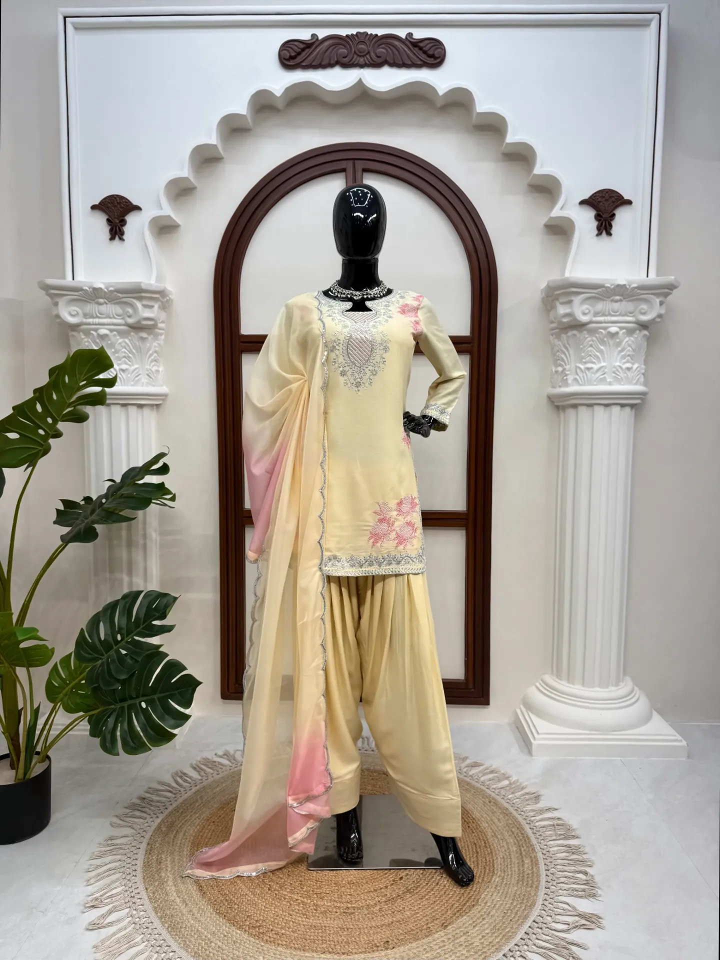 Heavy Rayon Thread & Sequins Embroidered Short Kurti & Plain Farshi Palazzo Set with Shaded Tibby Silk Dupatta