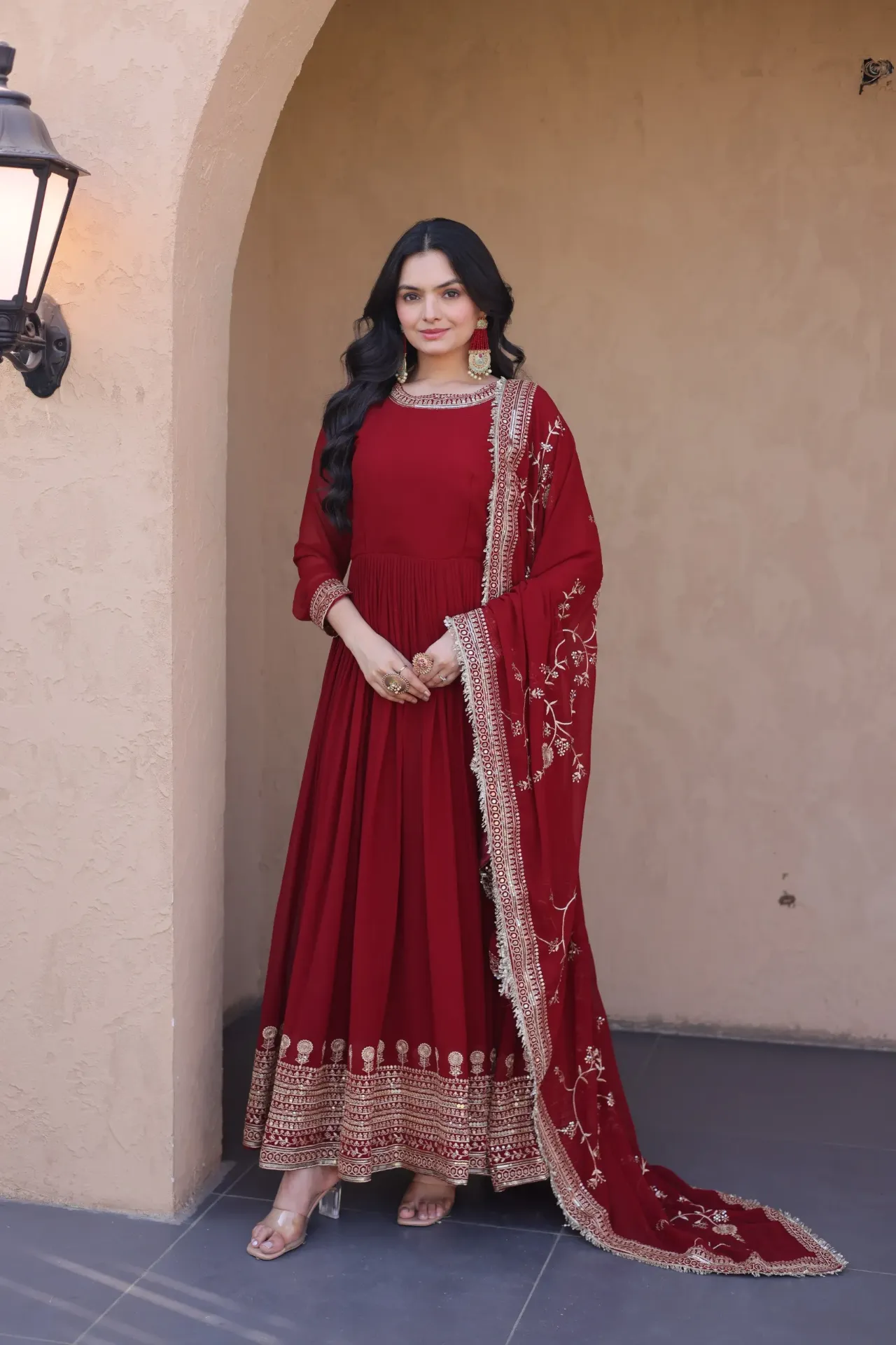 Faux Blooming Silk Zari & Sequins Embroidered Gown Set