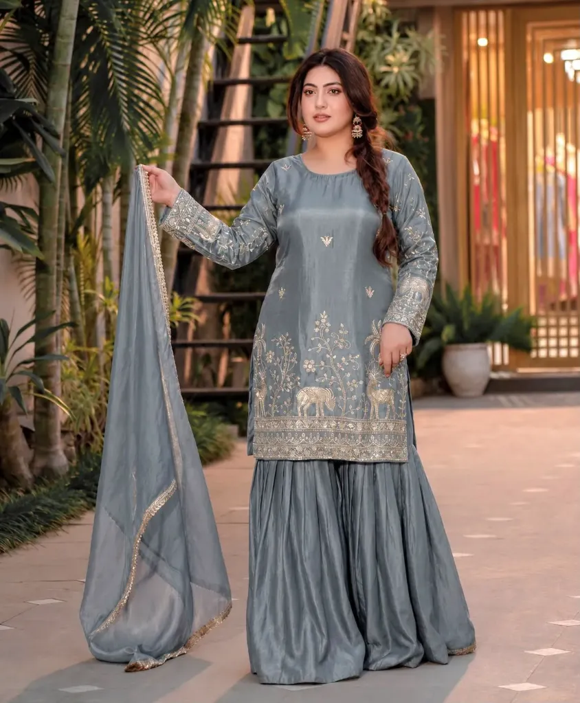 Stylish Pure Frendy Silk Top, Sharara, and Dupatta Set with Heavy Embroidery