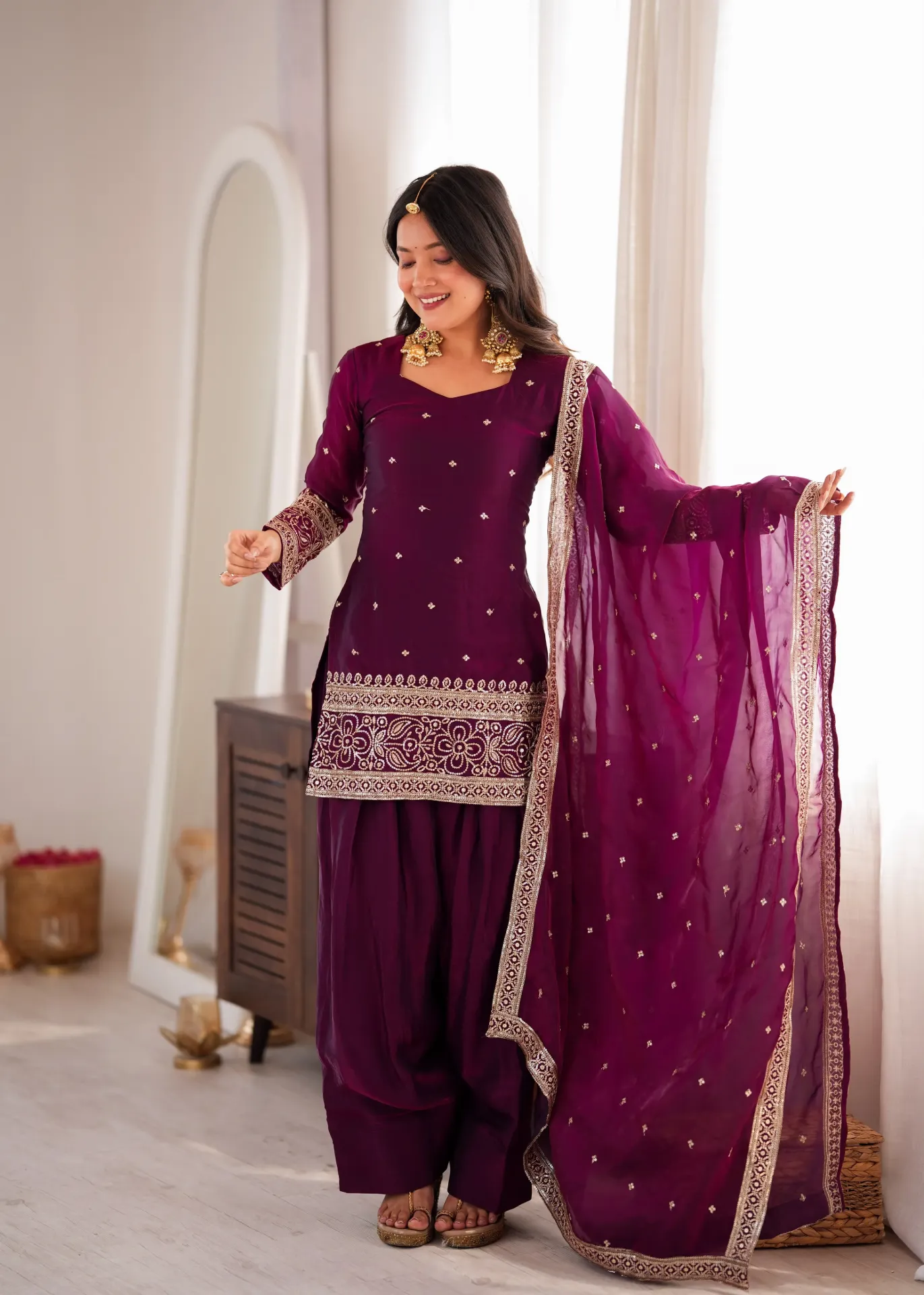 Wine Fendy Silk Embroidered Suit with Farshi Shalwar & Dupatta (S)