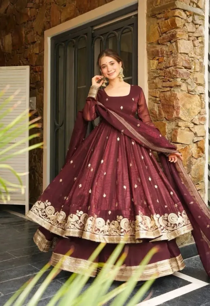 Gold Crazy Embroidered Long Kurti with Sharara and Dupatta Set (M, Maroon)