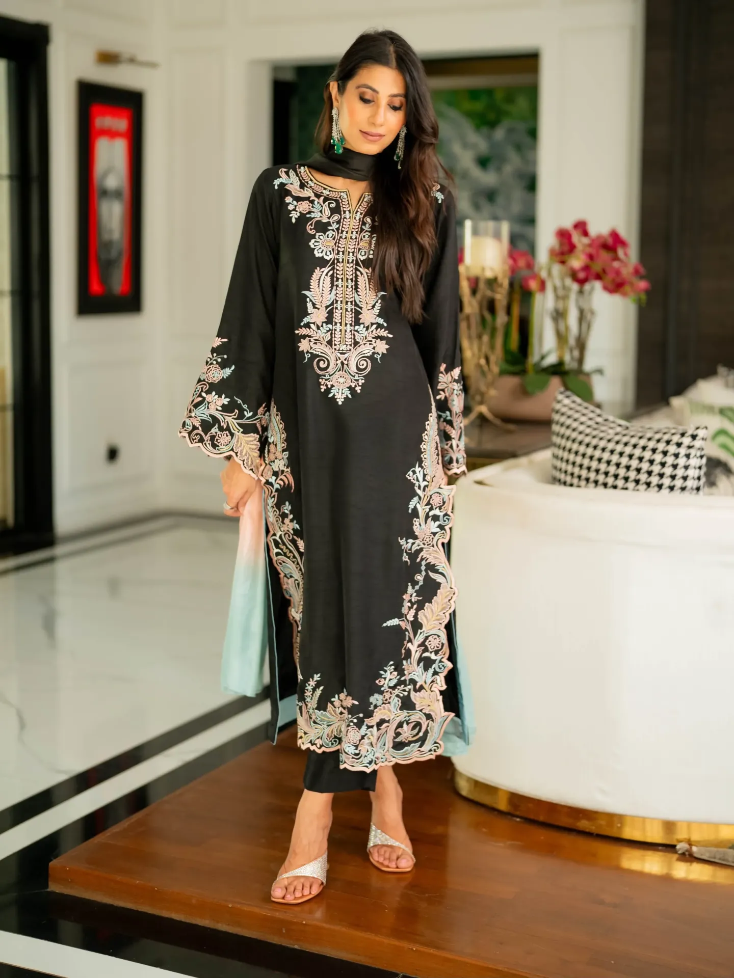 Designer Party Wear Satin Rayon Oversized Long Kaftan, Bottom, and Dupatta Set