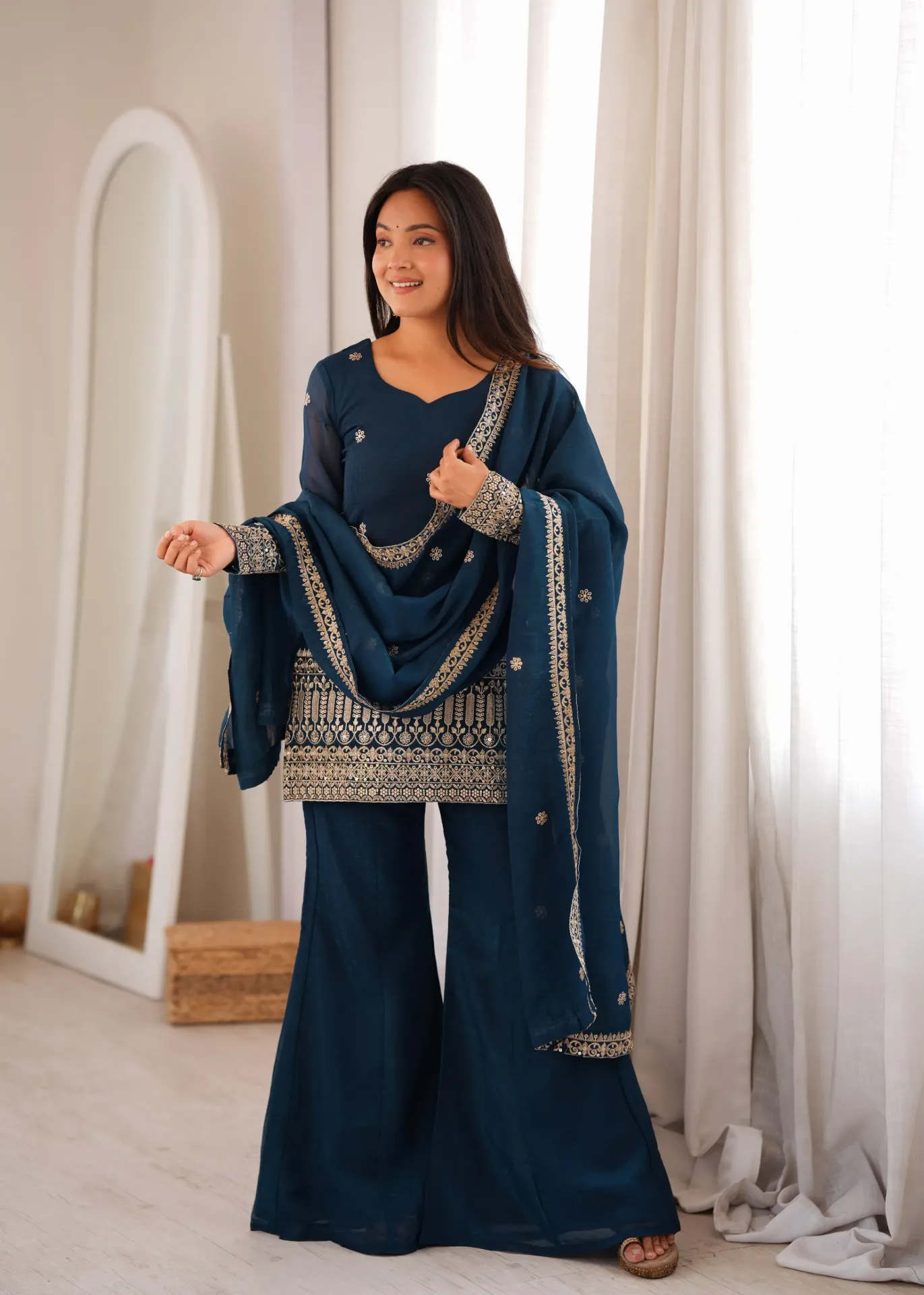 Crunchy Silk Embroidered Suit with Bell Bottom Pants and Dupatta