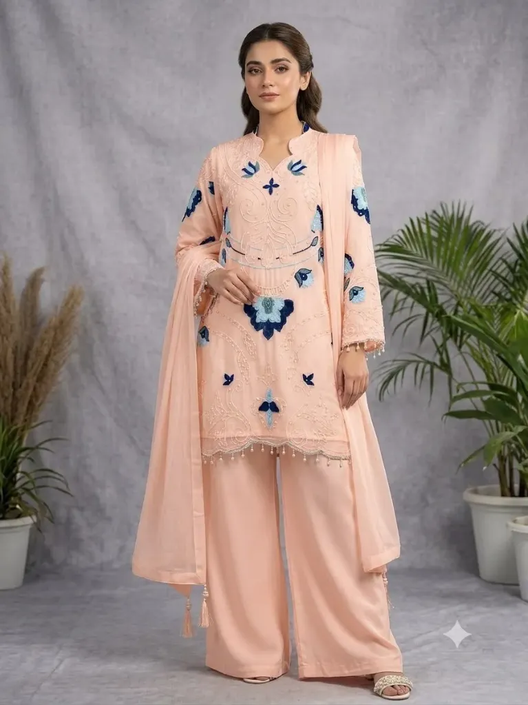 Soft Organza Embroidered Suit with Cutwork Top, Palazzo, and Dupatta Set