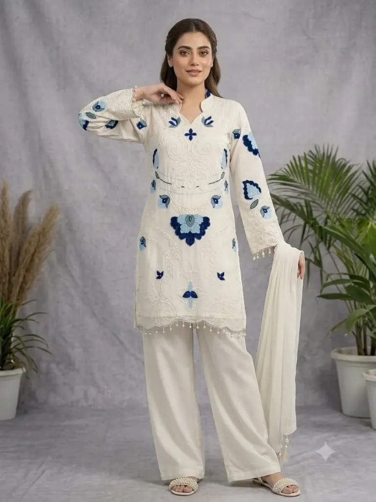 Soft Organza Embroidered Suit with Cutwork Top, Palazzo, and Dupatta Set (M, White)