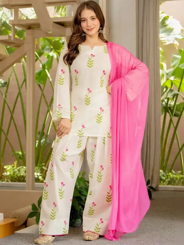 Natural Crepe Silk Top with Farshi Salwar and Dupatta Set
