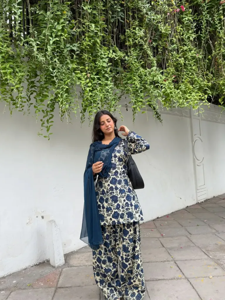 Heavy Pure Cameric Cotton Top with Farshi Pant and Faux Georgette Dupatta Set