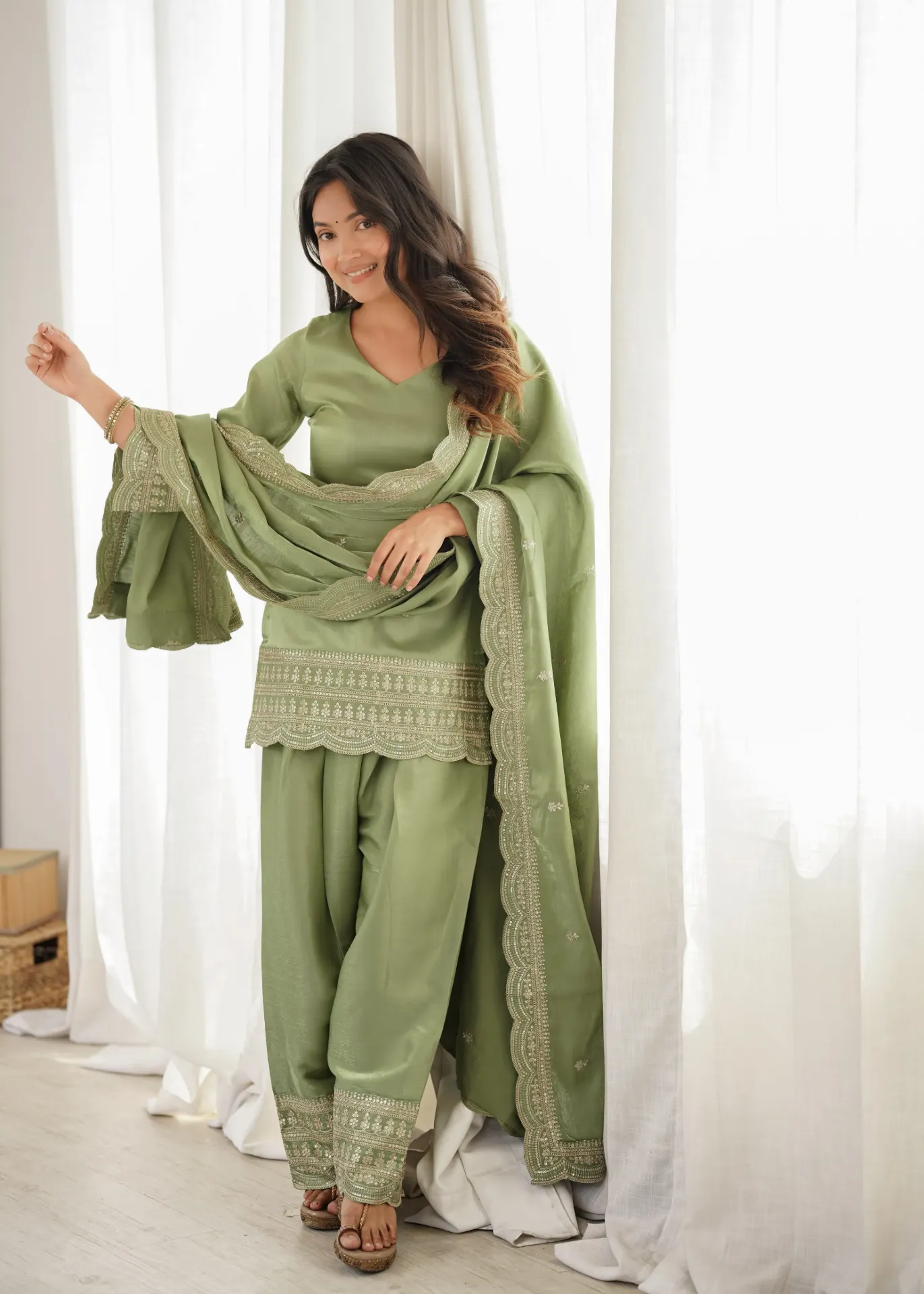 Glass Roman Silk Embroidered Kurta with Farshi Shalwar and Dupatta Set