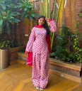 Heavy Pure Cameric Cotton Embroidered Top with Farshi Pant and Dupatta Set