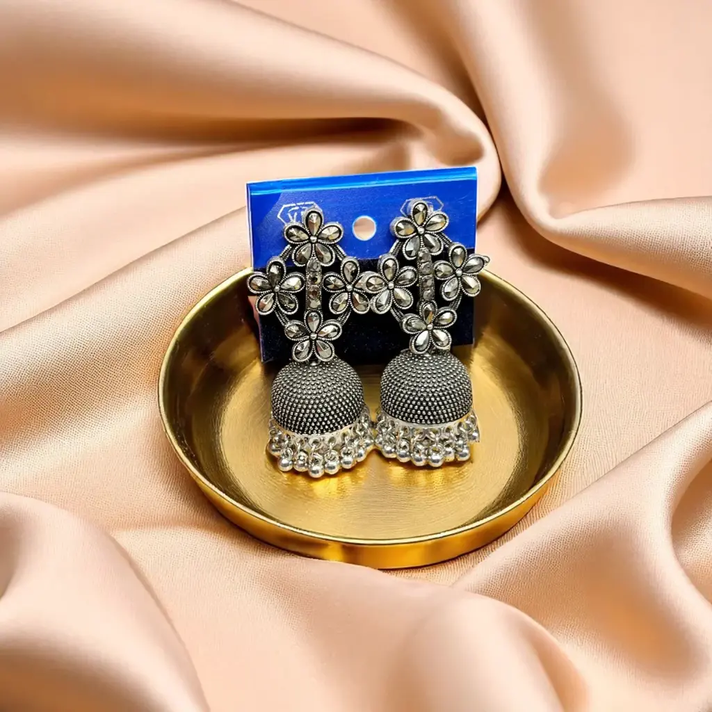 Oxidized Silver Jhumka Earrings with Flower Detail