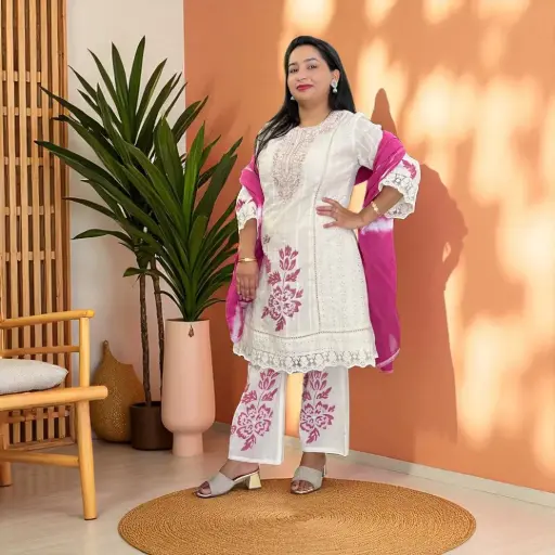 Elegant White Embroidered Cotton Suit with Pink Dupatta