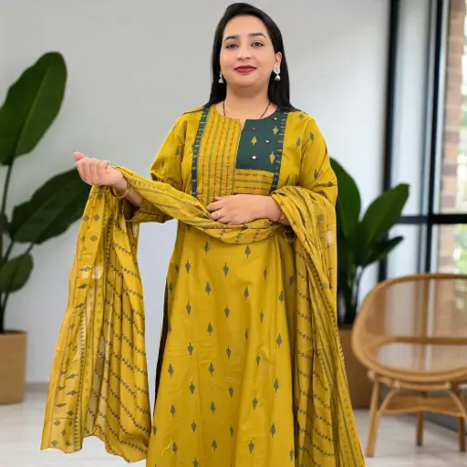 Mustard Yellow Embroidered Three-Piece Suit Set