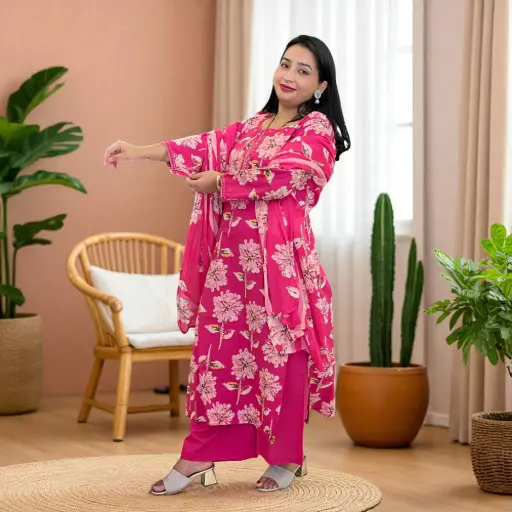 Pink Floral Printed Kurta with Palazzo Pants & Dupatta