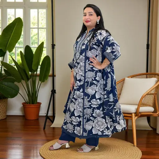 Navy Blue Printed Cotton Kurta with Palazzo Pants and Dupatta