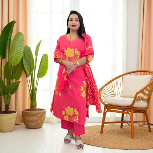 Pink Floral Cotton Kurta Set with Palazzo Pants & Dupatta