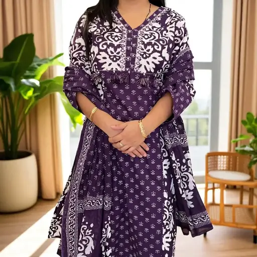 Elegant Purple & White Block Print Three-Piece Suit
