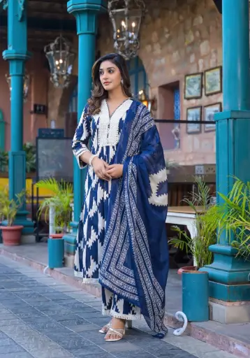 Indigo Block Print A-Line Kurti with Palazzo Pants and Dupatta
