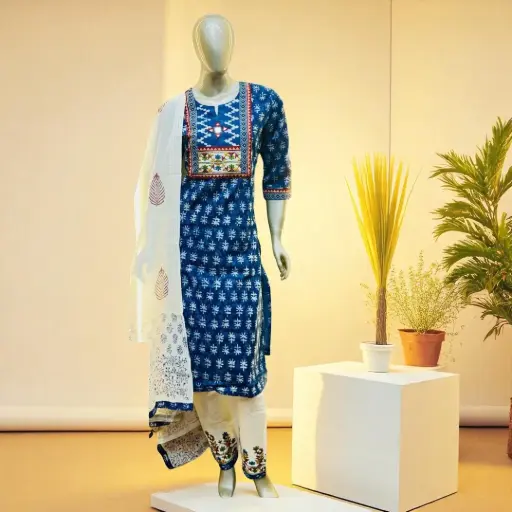 Handcrafted Indigo Cotton Kurta Palazzo Set with Dupatta
