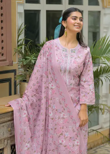 Floral Delight Cotton Kurta Palazzo Suit with Dupatta