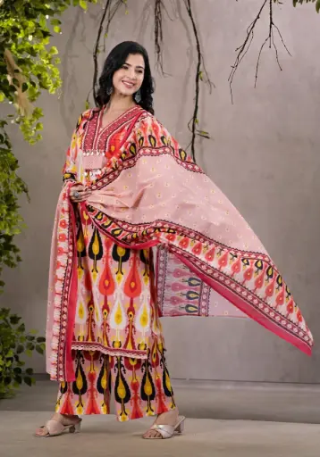 Pink and Red Ikat Palazzo Suit with Dupatta