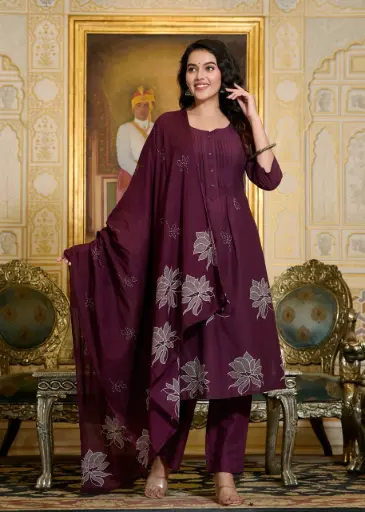 Festive Burgundy Kurta Set with Palazzo and Dupatta