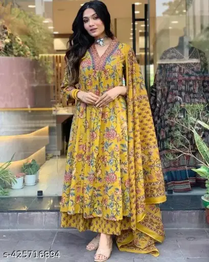 Mustard Yellow Floral Printed A-Line Kurti with Palazzo and Dupatta