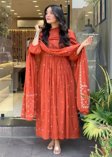 Russet Red Embroidered Anarkali Suit Set