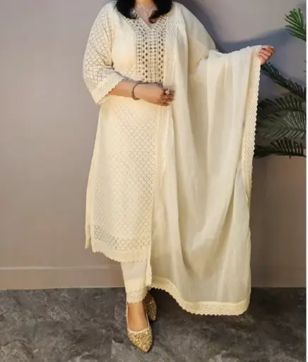 Cream Lace Mirrorwork Kurta Set wih Dupatta
