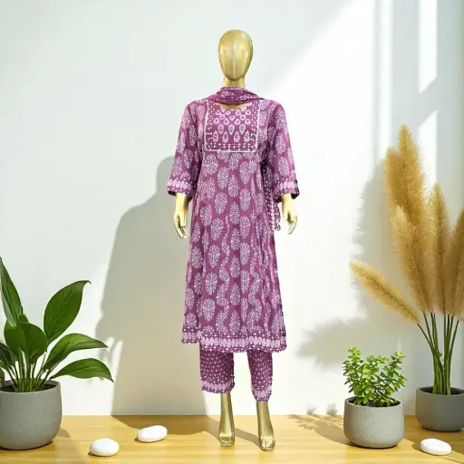 Deep Purple Block Printed Cotton Kurta with Palazzo and Dupatta