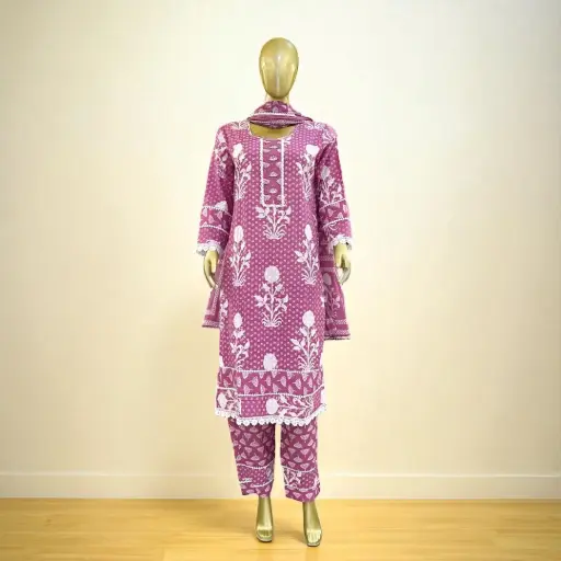 Floral Block Print Cotton Kurta Set with Dupatta & Palazzo