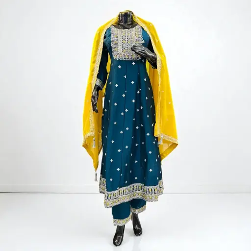 Teal Embroidered Frock Suit with Yellow Dupatta