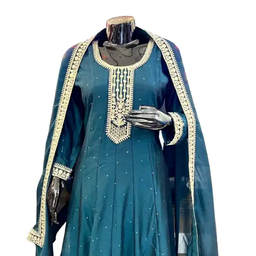 Teal Embroidered Frock Suit with Dupatta - Gold Detailing