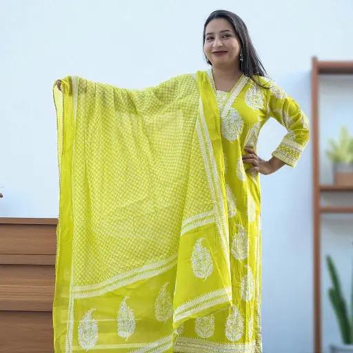 Elegant Lime Green Cotton Kurti Set with Block Print Dupatta