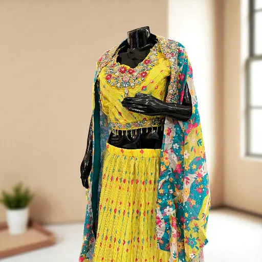 Yellow Pleated Skirt and Top Set with Floral Shrug